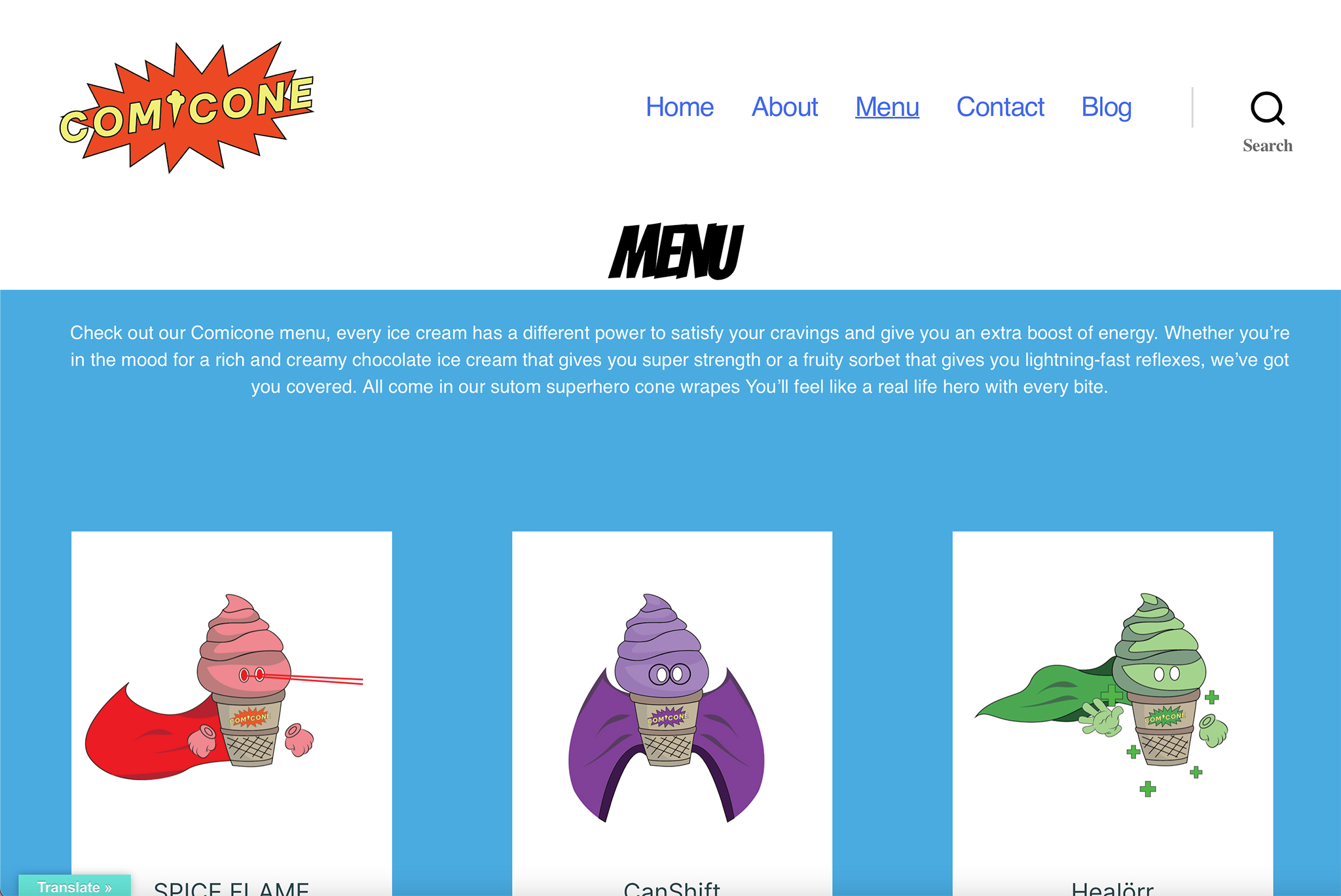 ice cream menu website 